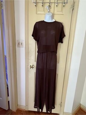 Laguna B Brown Sheer Short-Sleeve Crop Top and Wide-Leg Pants Set